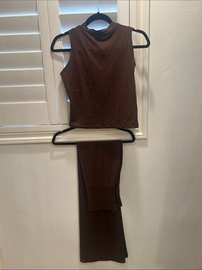 Brown Sleeveless Mock Neck Top and Matching Maxi Skirt Set